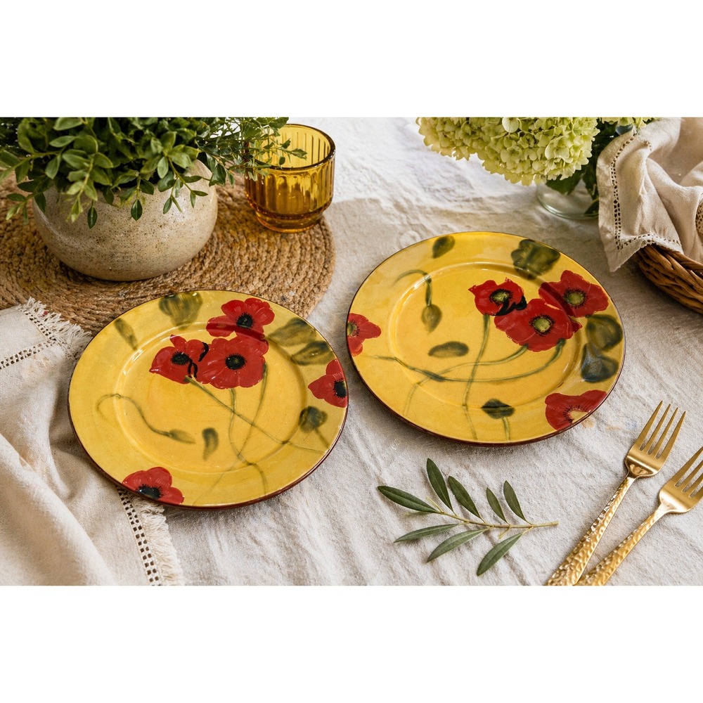 Hand Painted Floral Ceramic Salad Plates Yellow‎ Red Poppy Boho Dessert Set 2